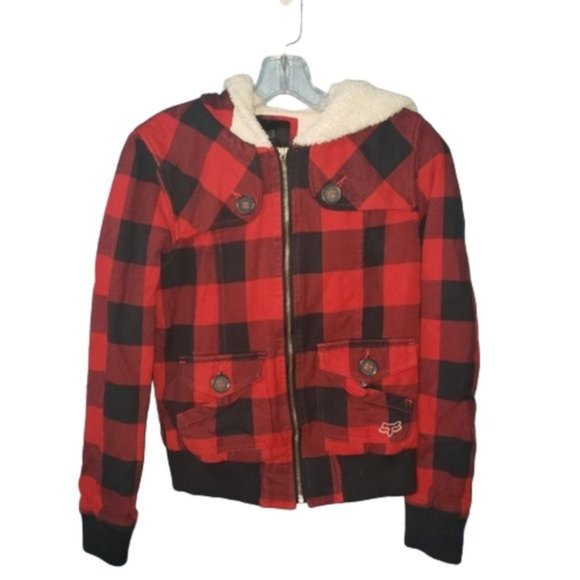 FOX Sherpa Hoodie Girls Plaid Jacket - Picture 1 of 10